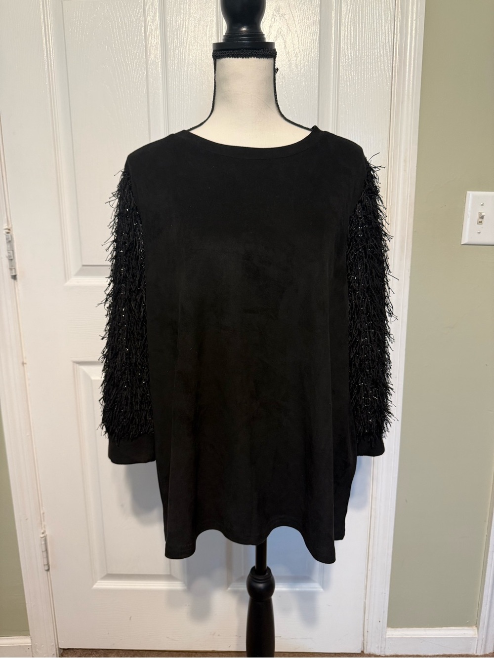 Women's Black Feather-Trim Long Sleeve Top